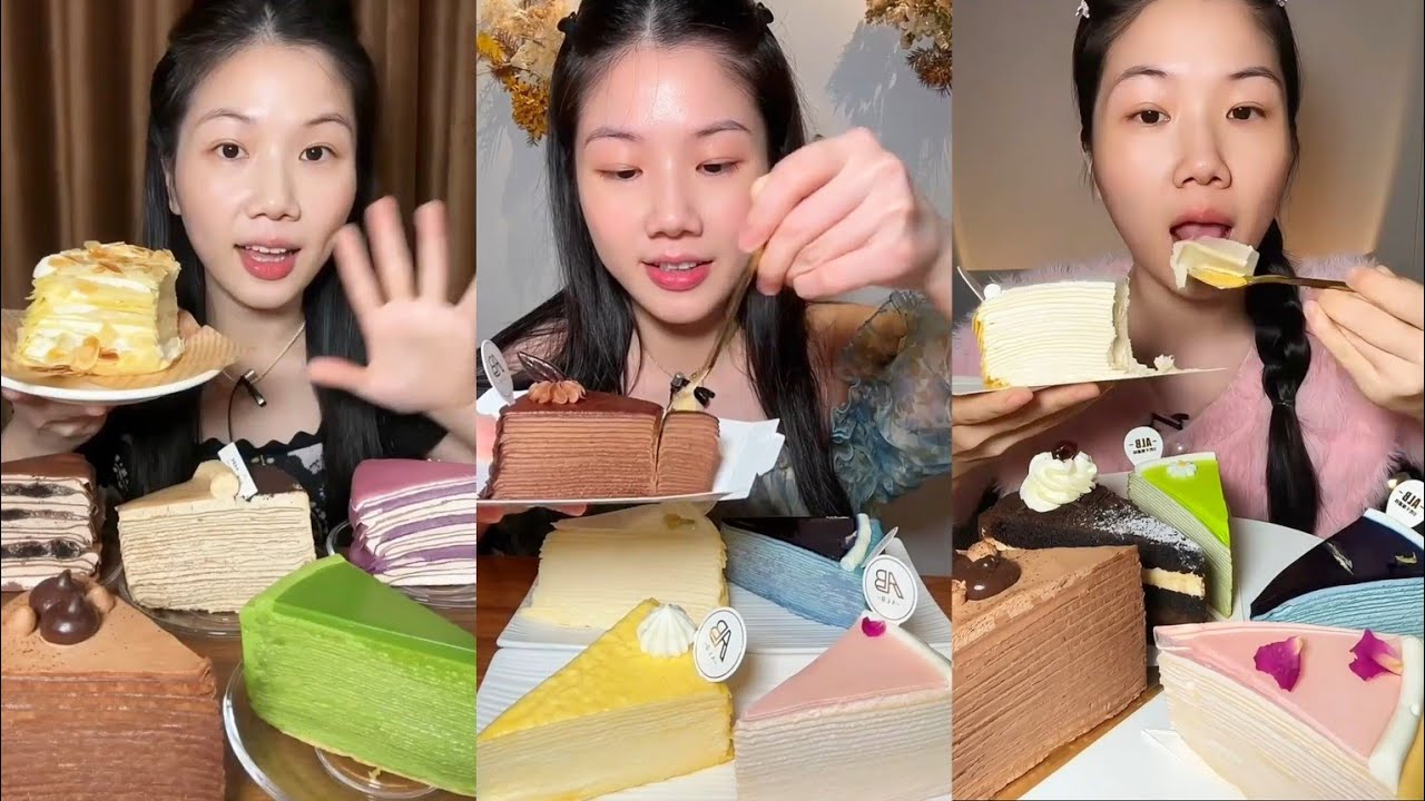ASMR EATING😋MULTI LAYERED CREPE CAKE💝Mini Cakes WHIPPED CREAM Challenge#food #mukbang#fruitcake#asmr