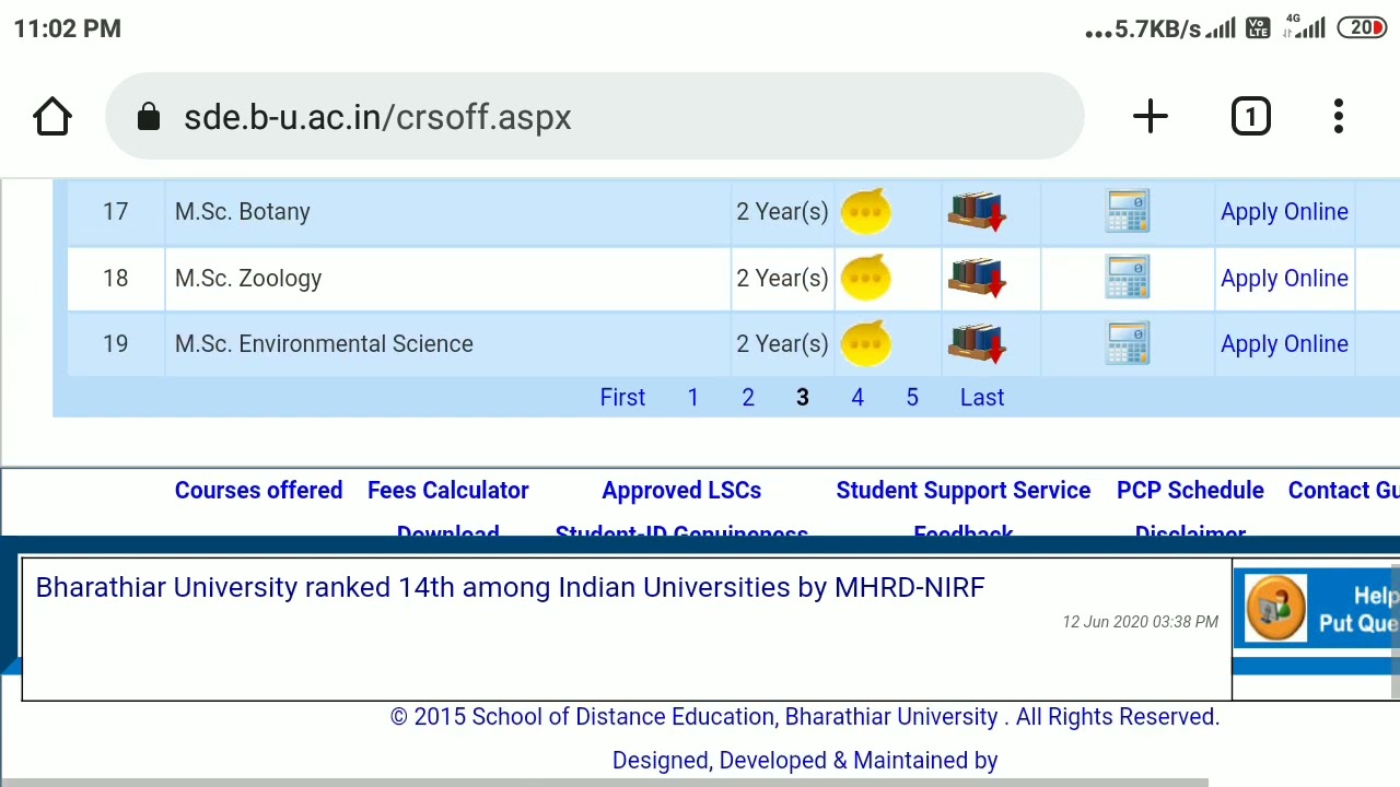 Bharathiar University Distance Education Mode Course Offered
