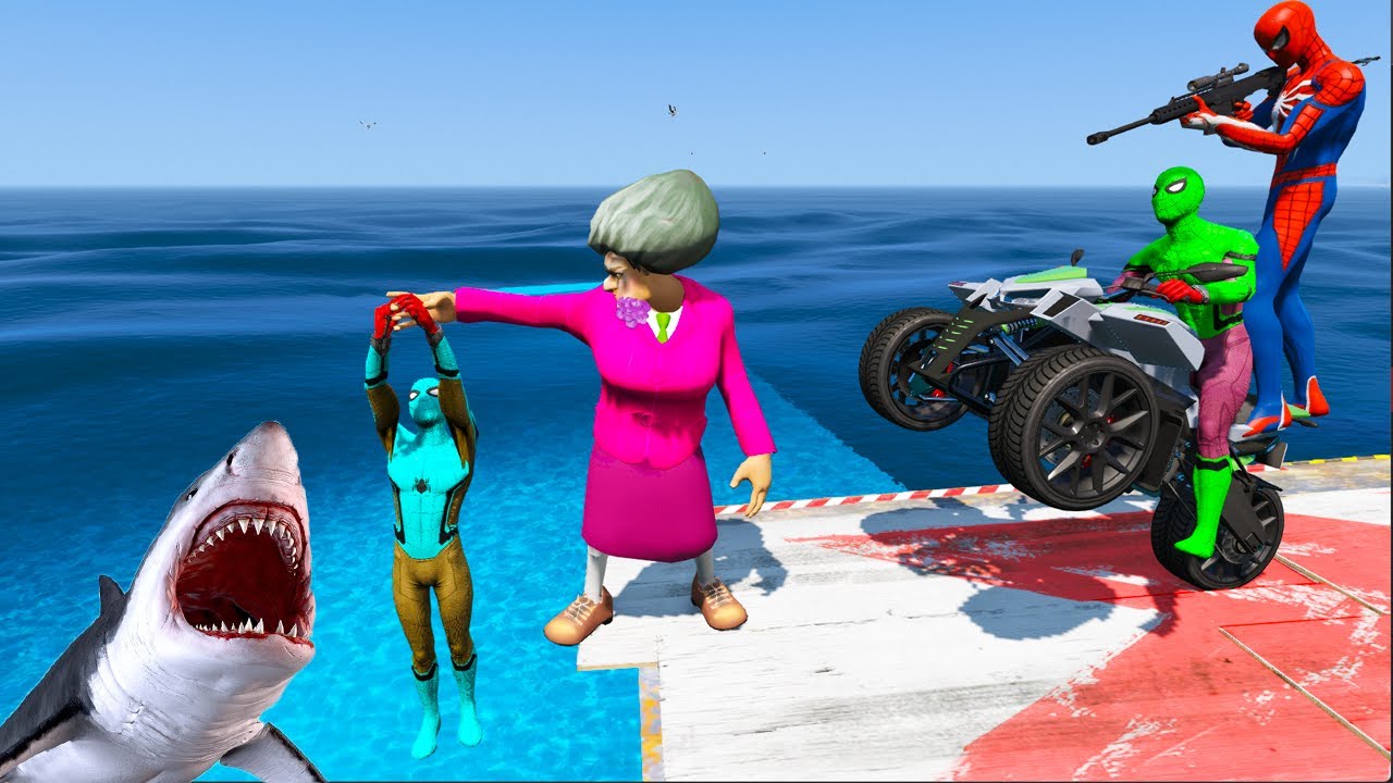 Scary Teacher- Miss'T vs Team Spiderman Sea Shark Battle - Game Animation