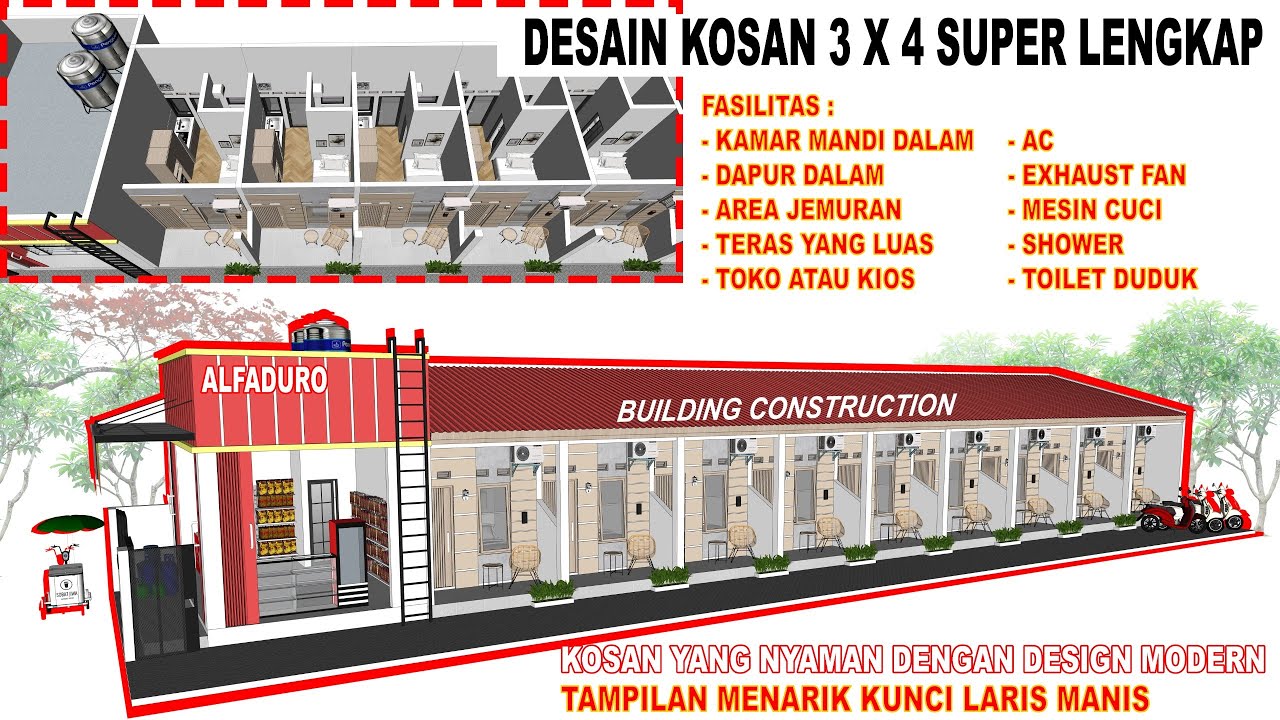 DESAIN KOS KOSAN 3X4 METER || KAMAR MANDI DALAM, MINI KITCHEN, KIOS, DAN JEMURAN!!
