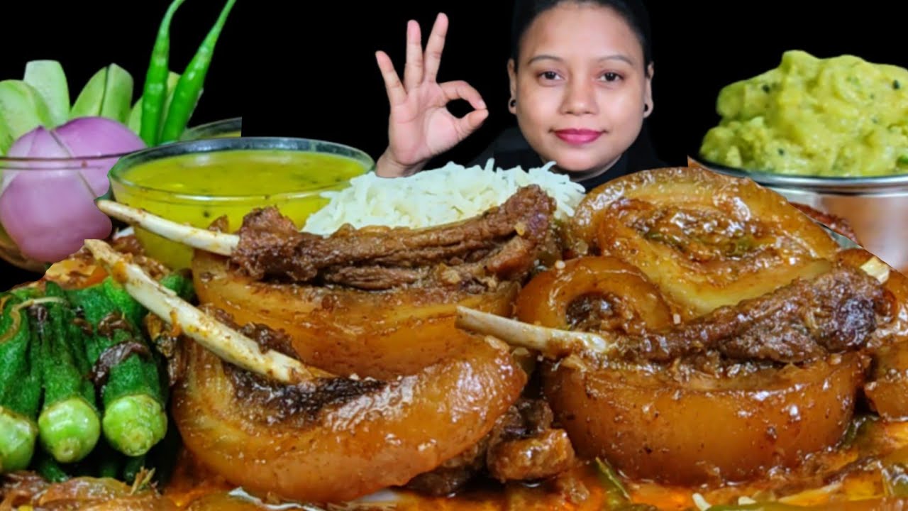 ASMR EATING LOCAL PORK RIBS, PORK BELLY CURRY WITH RICE, JHINGE ALOO POSTO & OKRA FRY | PORK MUKBANG