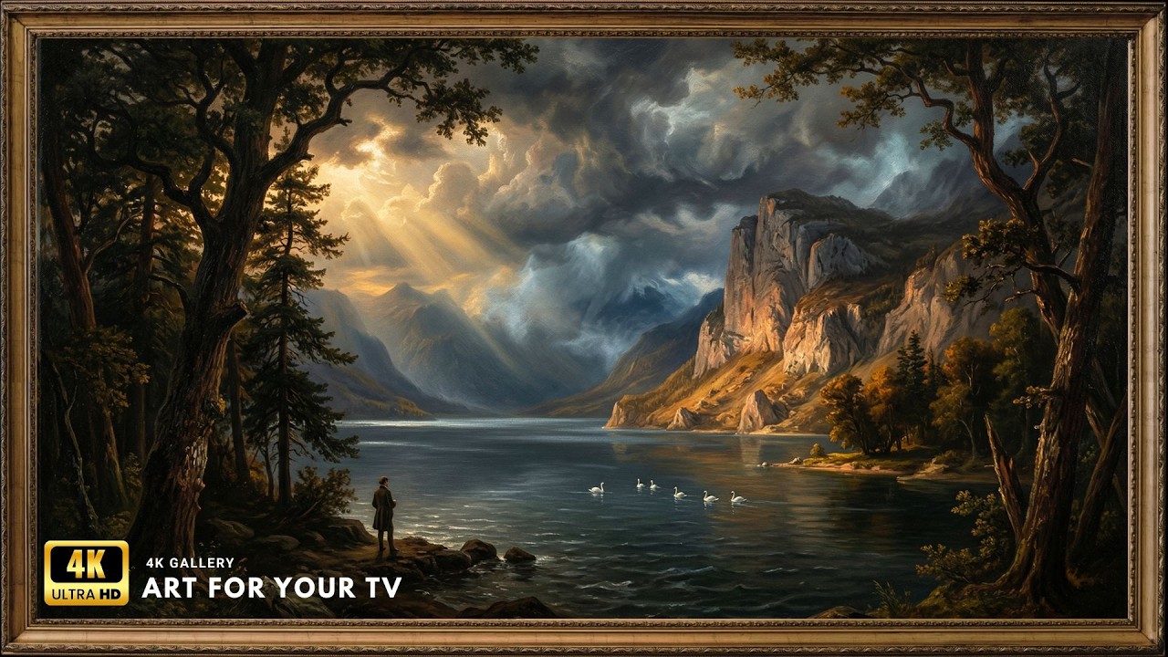 Vintage Classical Landscape with Lake and Mountains 4K | Framed Art TV Screensaver