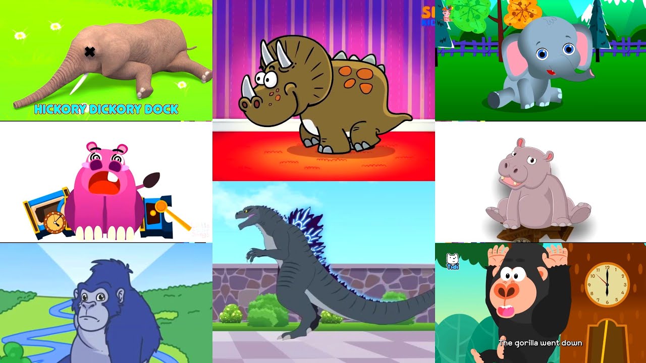 HICKORY DICKORY DOCK || TRICERATOP VS GODZILLA || 2 ELEPHANT, 2 HIPPO & 2 GORILLA || NEON OUTLINE FX