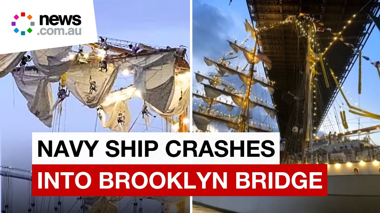 Wild moment Mexican navy ship crashes into Brooklyn Bridge