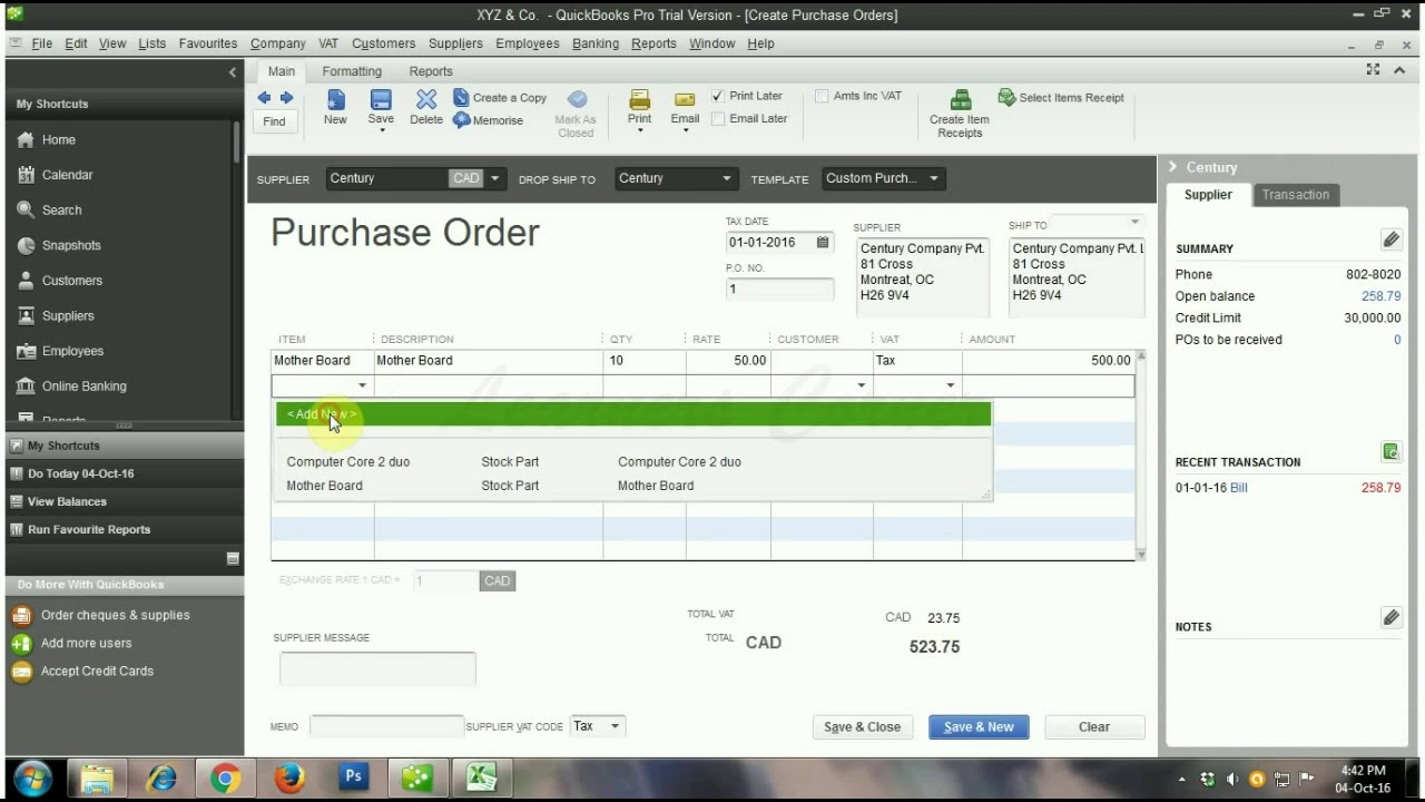 The Vendor Center   Purchase  Order  in Quick Books