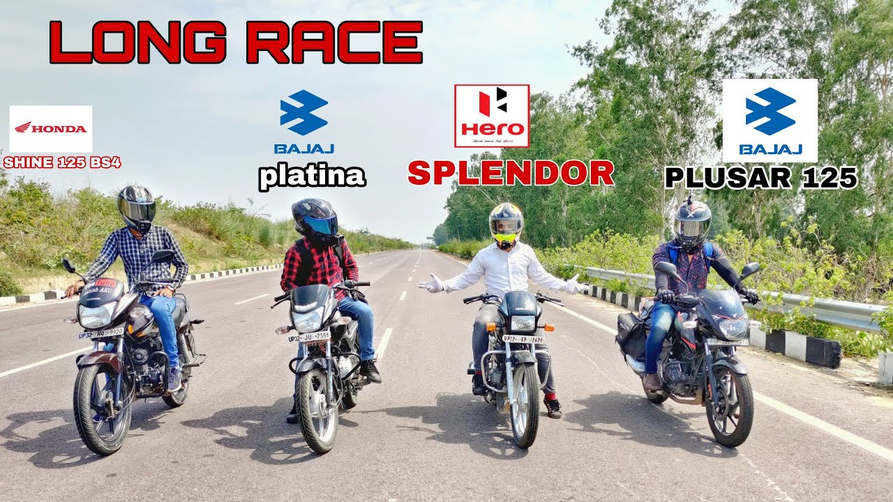 hero Splendor Plus vs Bajaj Platina vs Honda CB Shine vs Bajaj Pulsar 125 long race quad battle race