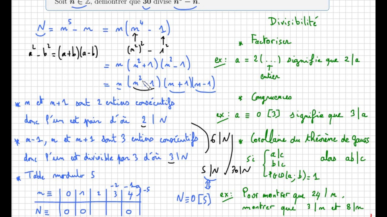 Arithmétique • 30 divise n^5 - n • Congruences • théorème de Gauss • terminale S spécialité