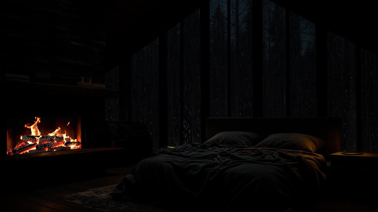 Cozy Rainy Bedroom Night😴🔥 | Rain and Fireplace ASMR for Sleep, Stress Relief & Studying