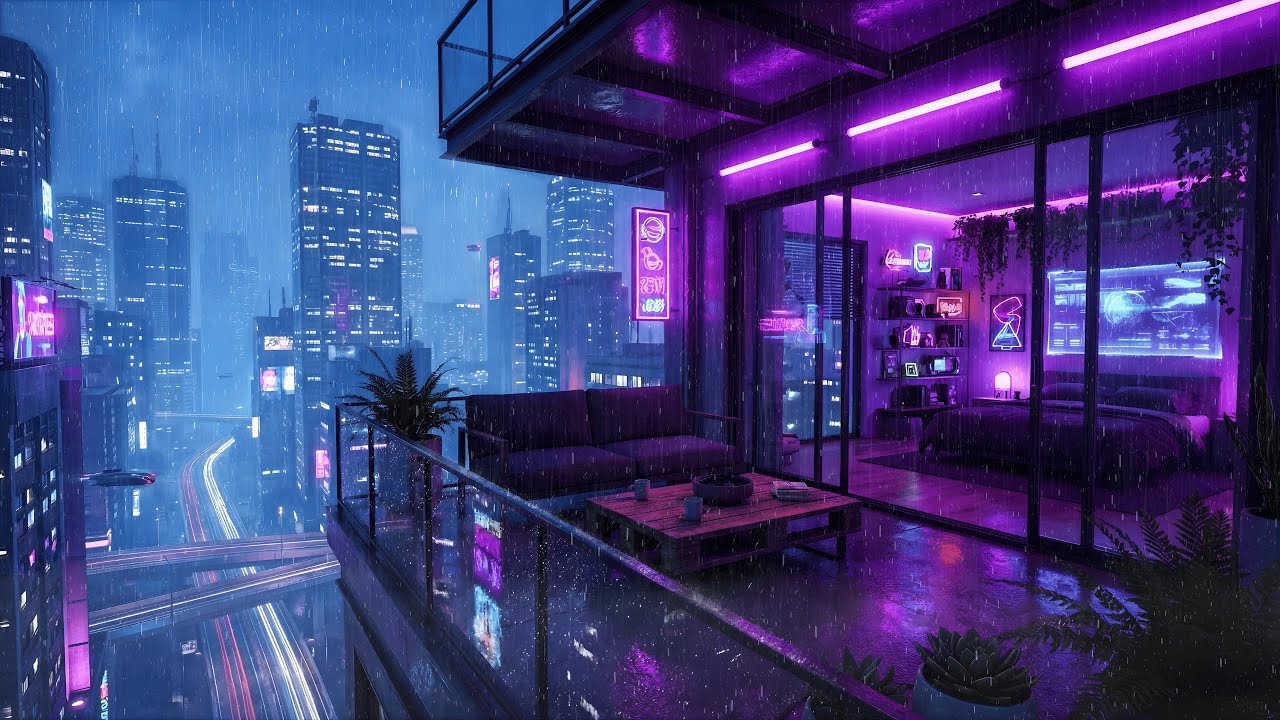 Shibuya After Dark – Lofi Rain, Purple Neon City Lights from the Balcony | 4K