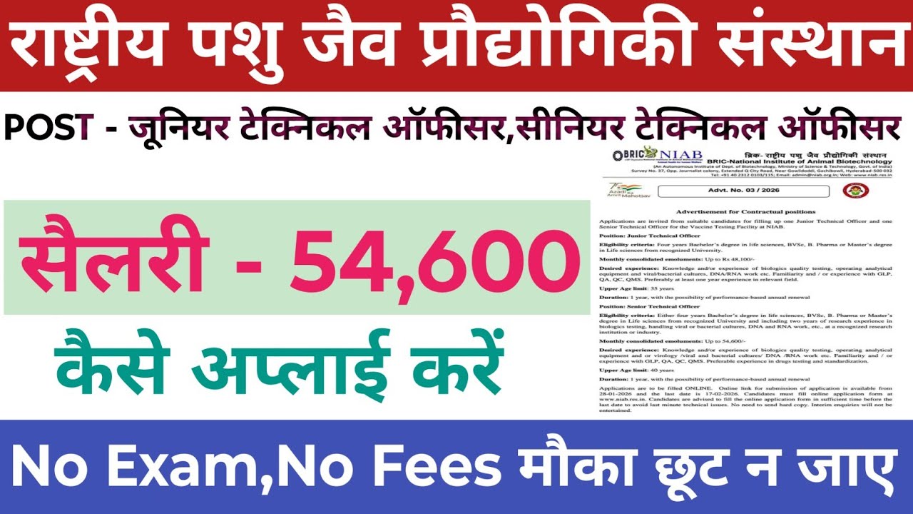 राष्ट्रीय पशु जैव प्रौद्योगिकी संस्थान भर्ती 2026 l junior technical officer vacancy 2026 l new job