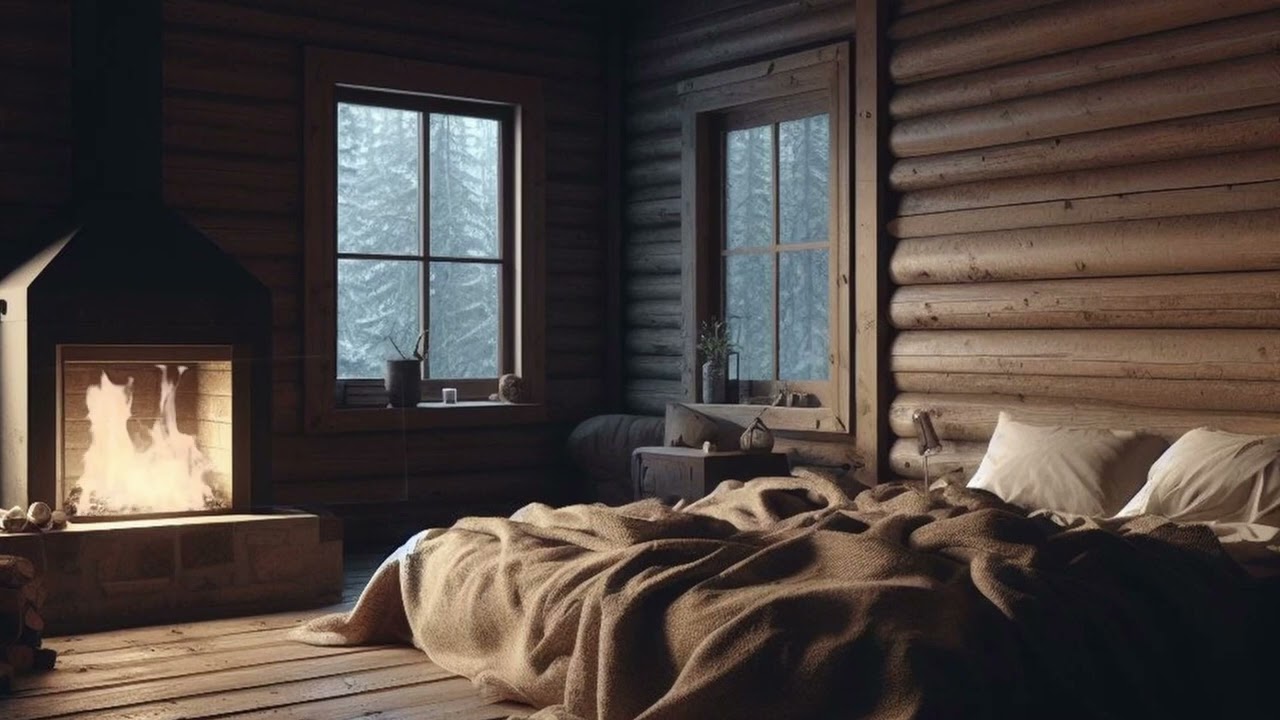 Background Vibes: Cozy winter cabin in a rainstorm (with rain, thunder, and fireplace)