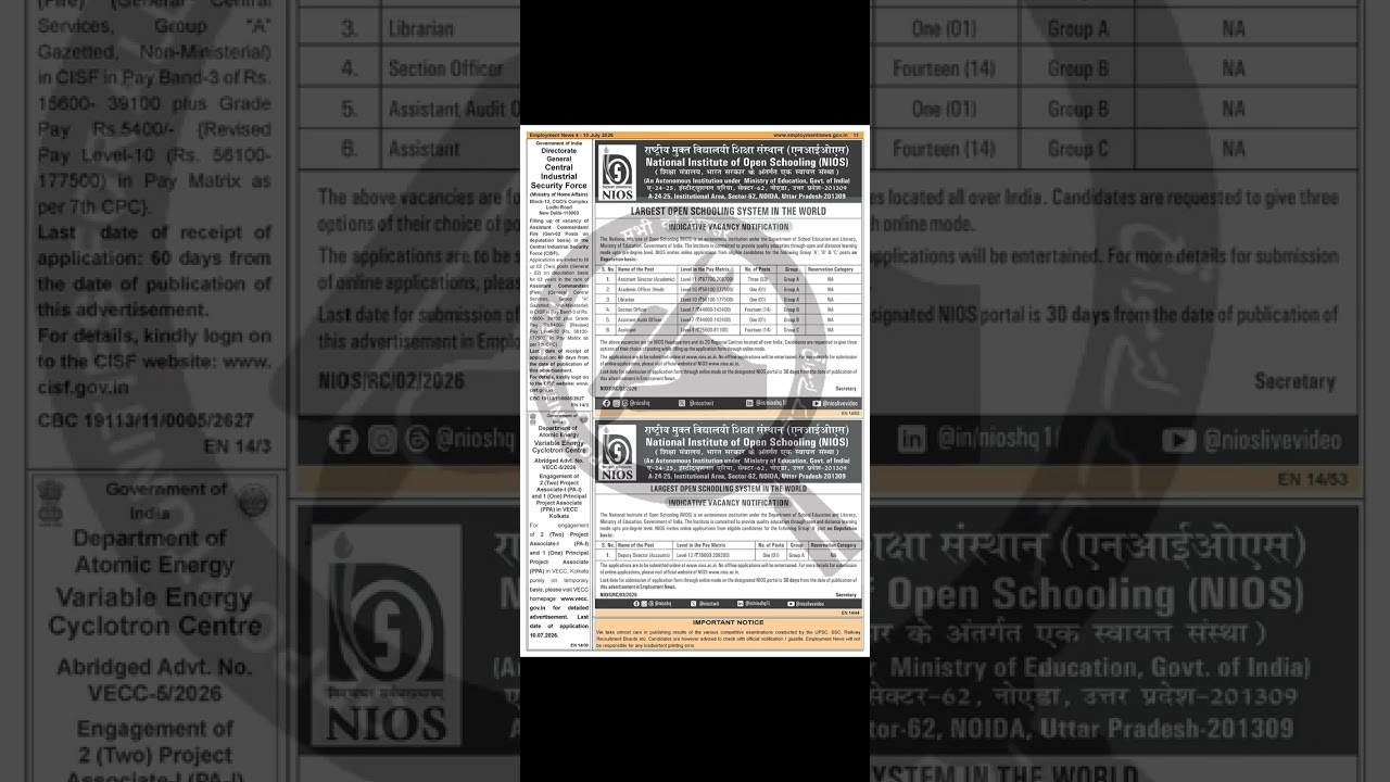 Job vacancies July 2026 employment news paper 