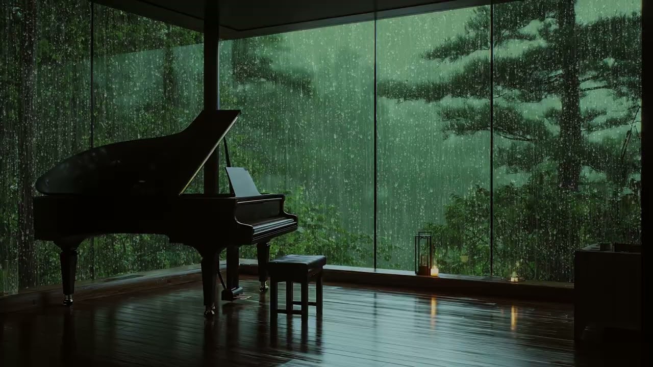 Cozy rainy night piano music with gentle rain sounds for sleep and relaxation