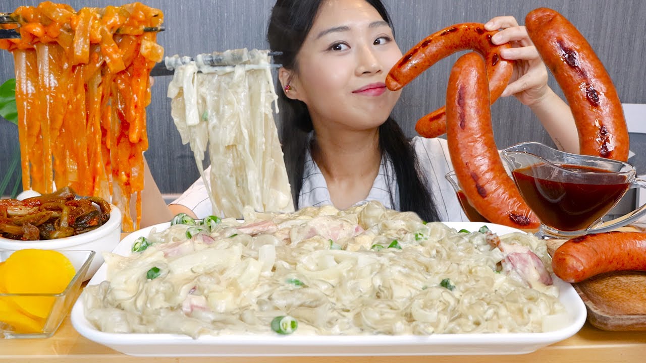 MUKBANG) 당면 크림파스타🍝 크림 당면볶이 킬바사 소세지 먹방 with 불닭소스 Cream glass noodle pasta Real sound asmr