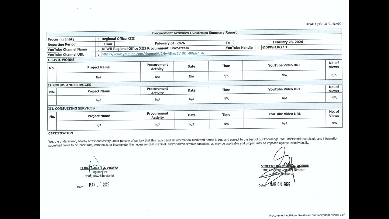 Procurement Activities Livestream Report for DPWH Regional Office XIII - February 2026