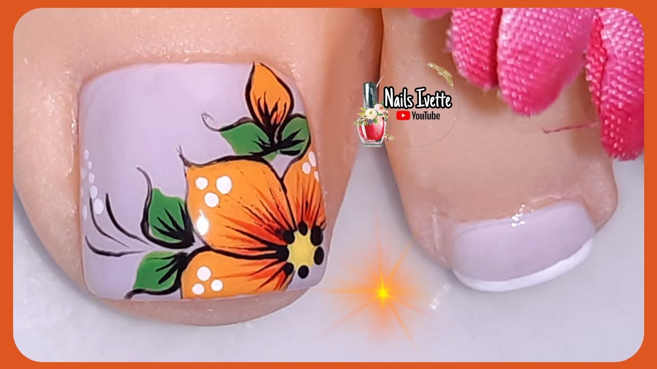 Decoración de uñas anaranjado/diseño de uñas flor/uñas decoradas de los pie paso a paso