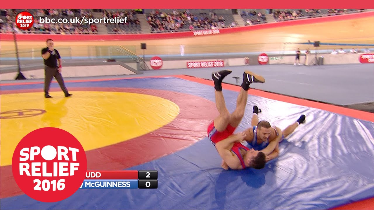 Harry Judd and Paddy McGuinness hit the mat hard in the wrestling