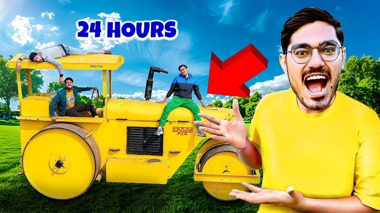 24 Hours In Road Roller Challenge: You can't get off this road roller for 24 hours.
