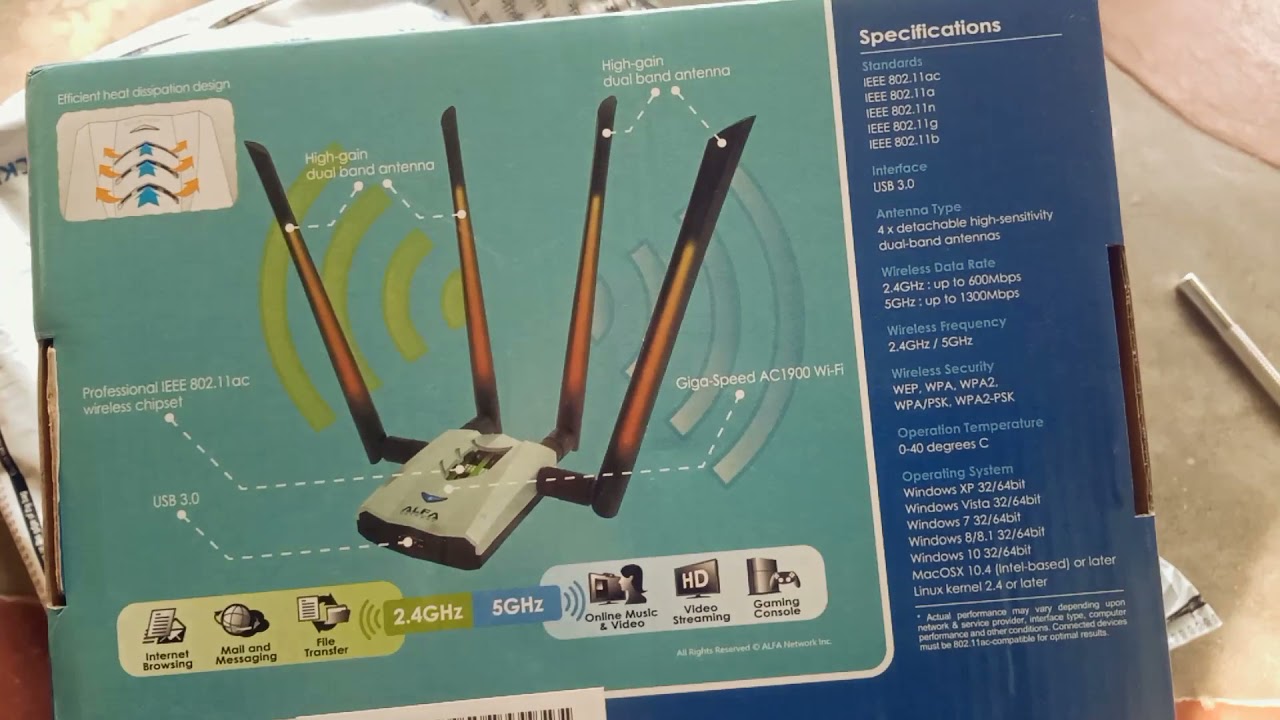 Alfa AC1900 Wifi adapter - 1900 Mbps 802. 11ac Long-Range Dual Band USB 3. 0 Wi-Fi Network Adapter