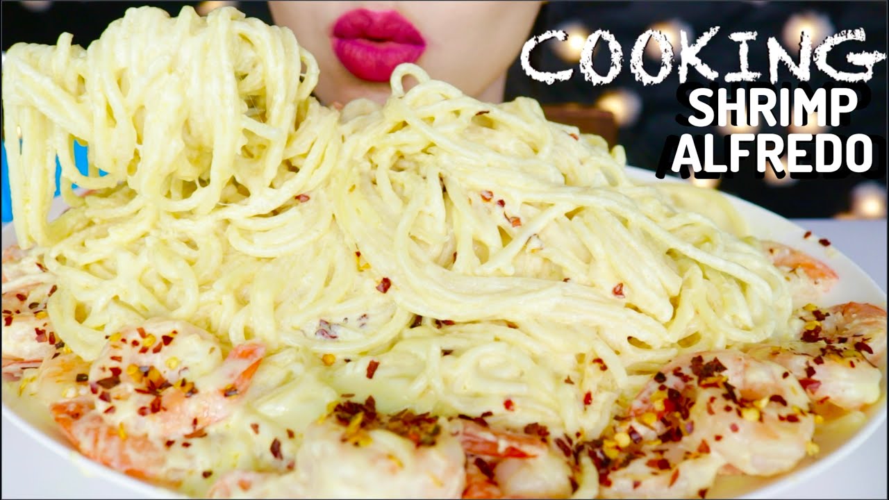 ASMR CREAMY CHEESY SHRIMP ALFREDO PASTA SPAGHETTI WITH COOKING + EATING,  FANTA MUKBANG 咀嚼音 먹방