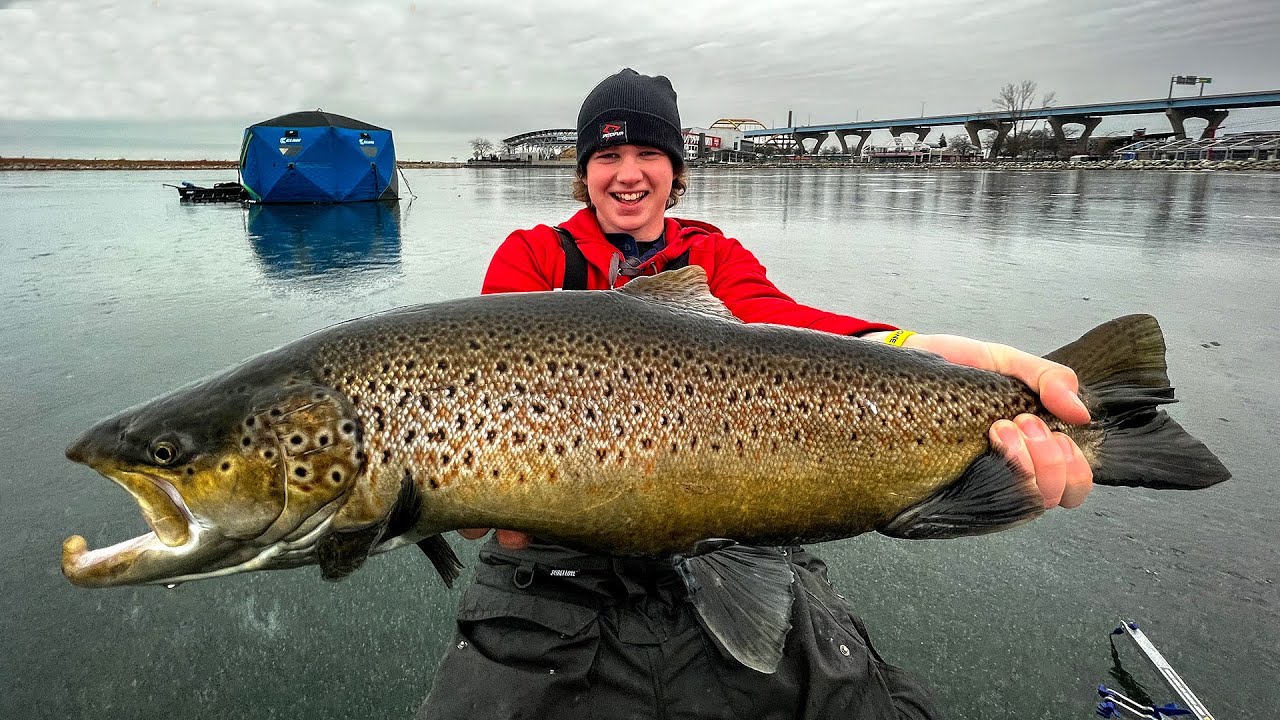 Ice Fishing BIG Brown Trout!! (Milwaukee)