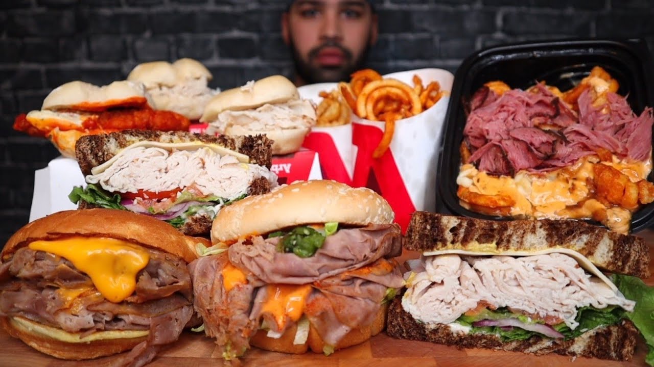 ARBY'S MUKBANG SPICY ROAST BEEF, TURKEY SWISS, MONTREAL SMOKED MEAT POUTINE, BUFFALO CHICKEN, FRIES