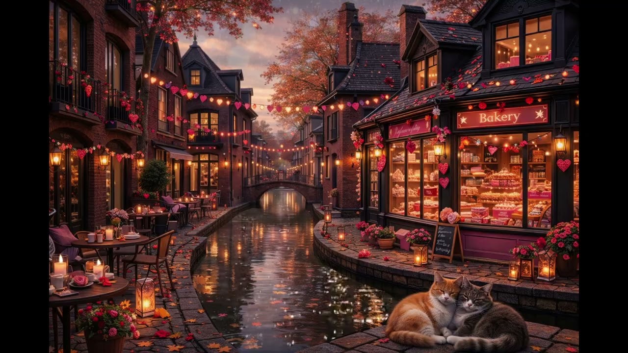Cozy Valentine’s Night Jazz 🎷 Romantic Canal Café Ambience & Rain