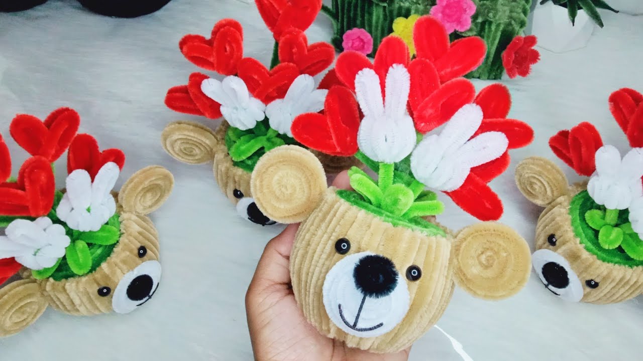 DIY | How To Make Pipe cleaner cute Teddy flower pot #pipecleanercrafts #diy පයීප් ක්ලීනර් ටෙඩී  Pot