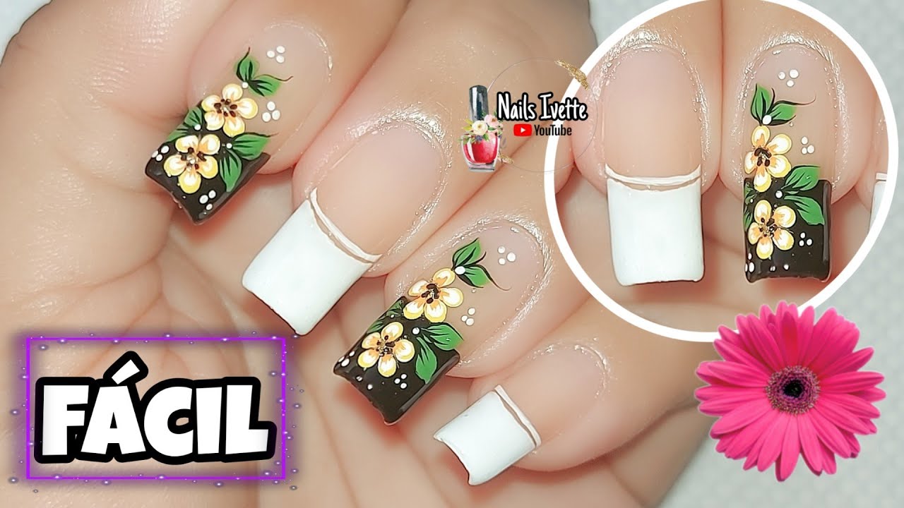 Decoración de uñas flores fácil de hacer con french negro y blanco/uñas bonitas sencilla y delicadas