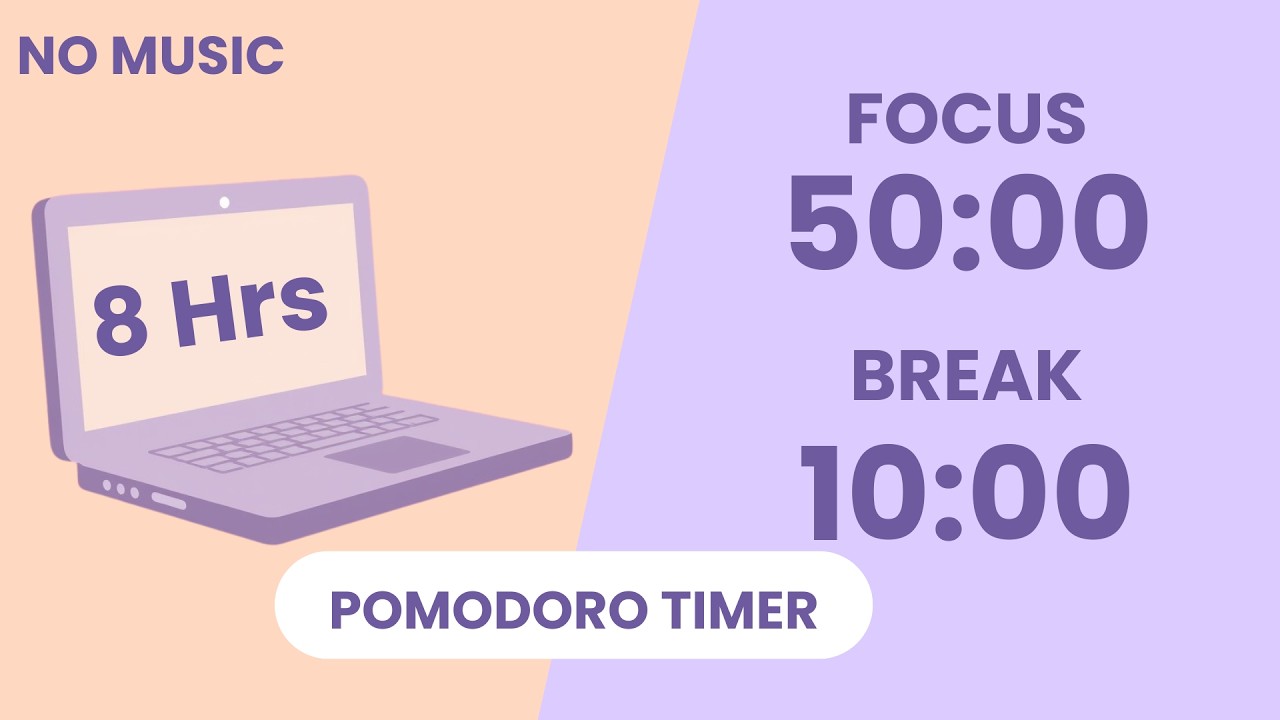 8 Hour Pomodoro Timer (50/10) | No Music | Pastel Lavender & Peach Aesthetic