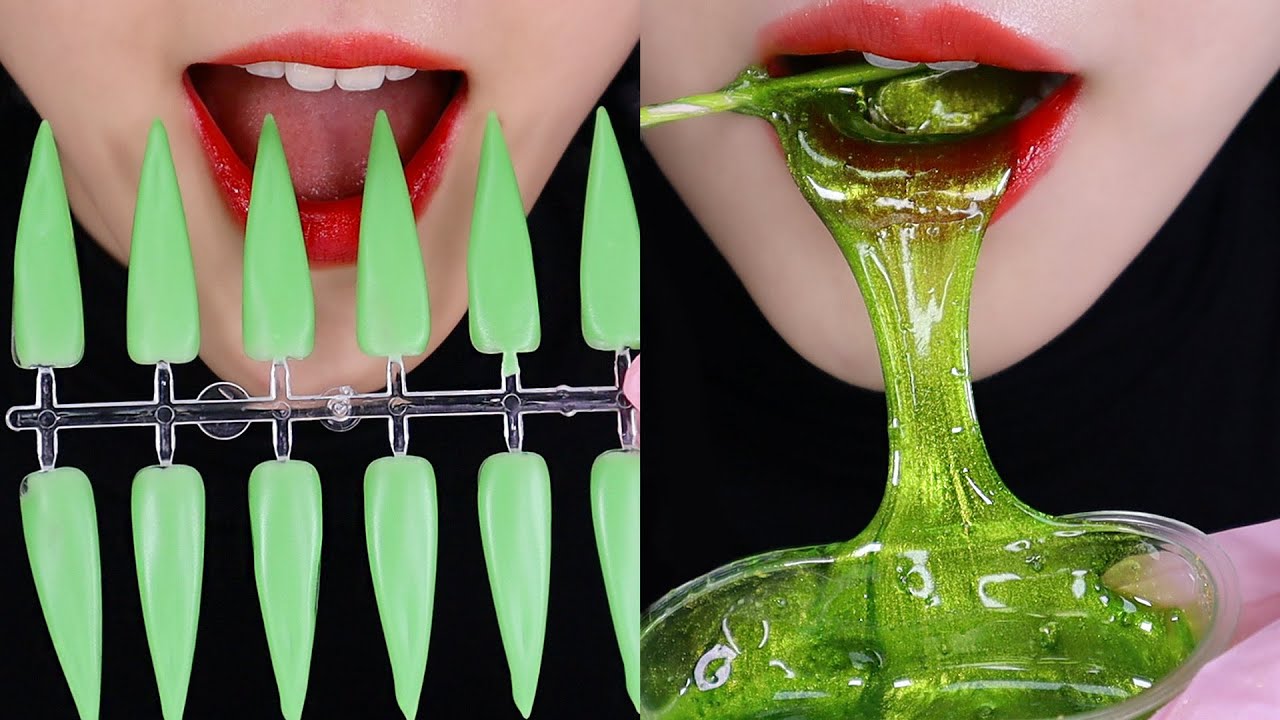GREEN FOOD ASMR EDIBLE NAIL, BUBBLE JELLY, FROG EGGS JELLY, SEA GRAPE MUKBANG 🐸