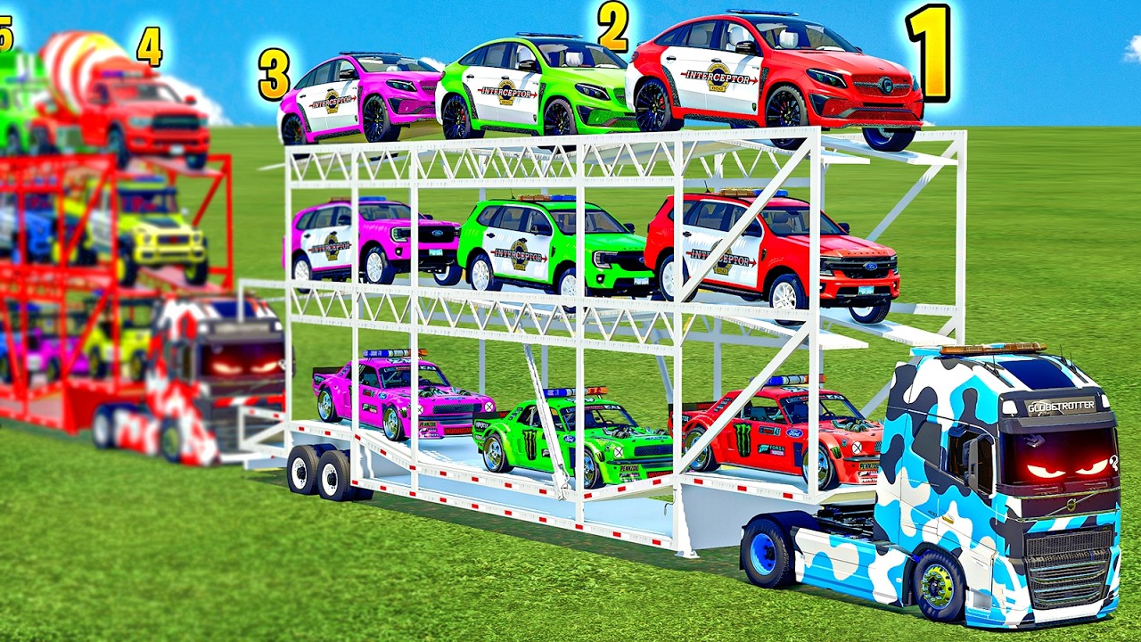 TRIPLE DECKER OVERSIZE TRANSPORT OF COLORS! JEEP 4X4 VS BRABUS VS CEMENT MIXERS! FS 25