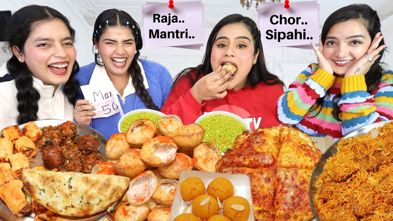 Chor, Sipahi, Raja, Mantri Food Eating Challenge | Golgappa, Pizza🔥, Manchurian, Spring Roll, Laddu
