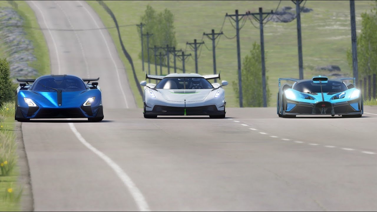 Bugatti Bolide 2020 vs Koenigsegg Jesko 2020 vs SSC Tuatara Striker 2022 at Highlands