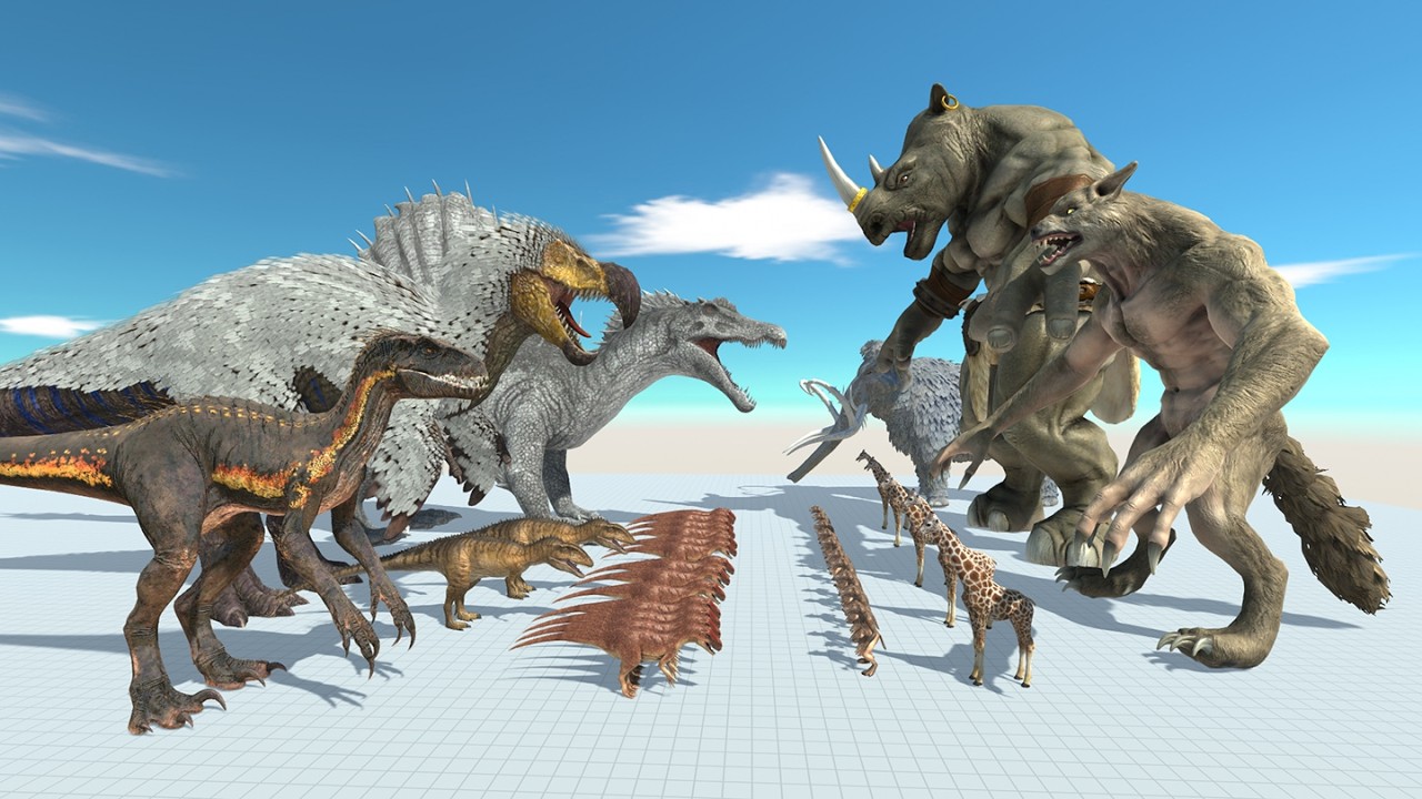 Dinosaur Battle: Spinosaurus, Dodo Rex, Indoraptor VS Werewolf, Mammoth, Wererhino in ARBS
