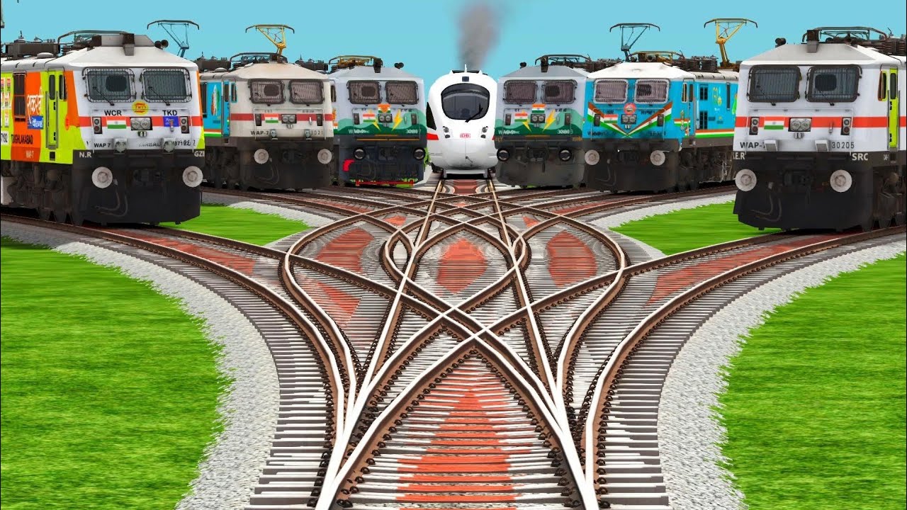 SEVEN HIGH GRAPHICS TRAINS CROSSING AT BUMPY RAILROAD TRACKS #railways #trainvideo #train #rail 