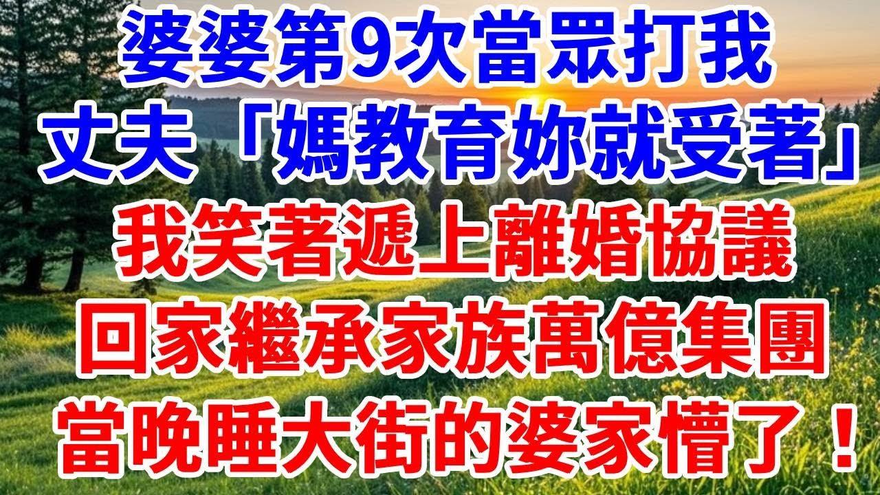 婆婆第9次當眾打我，丈夫「媽教育妳就受著」，我笑著遞上離婚協議，回家繼承家族萬億集團，當晚破產睡大街的婆家懵了！#詩涵講故事#為人處世#生活經驗#情感故事#晚年哲理#說故事#完結文#原創故事