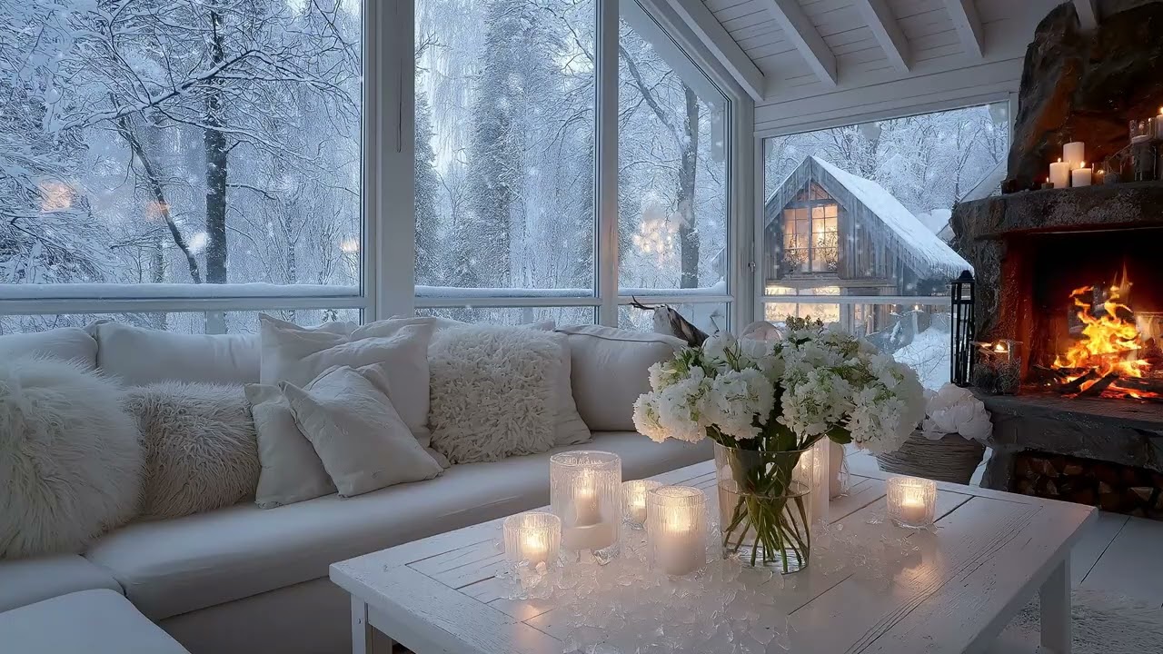 ❄️🔥 Piano & Snow Ambience | White Lounge & Snowy Day | 5 Hours Calm Relax Study Meditation Healing