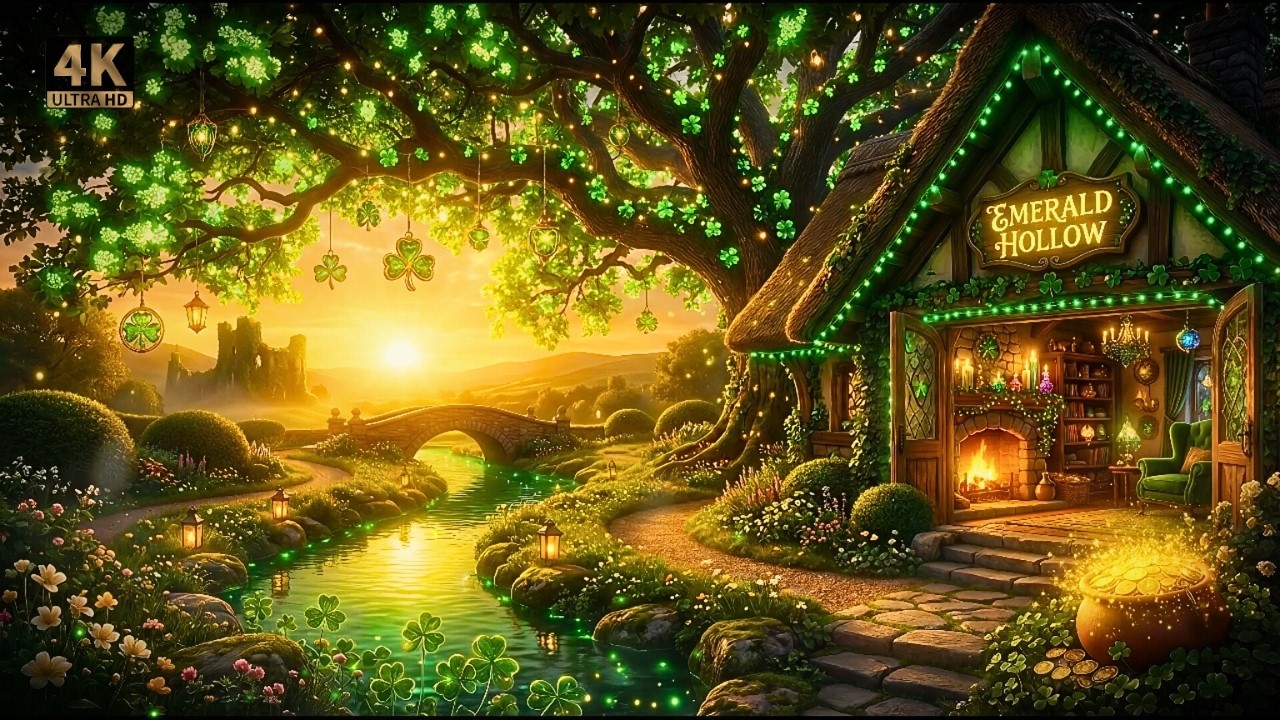 Celtic Music & Cozy Irish Cottage 🍀 St Patrick's Day Ambience with Fireplace & River Sounds