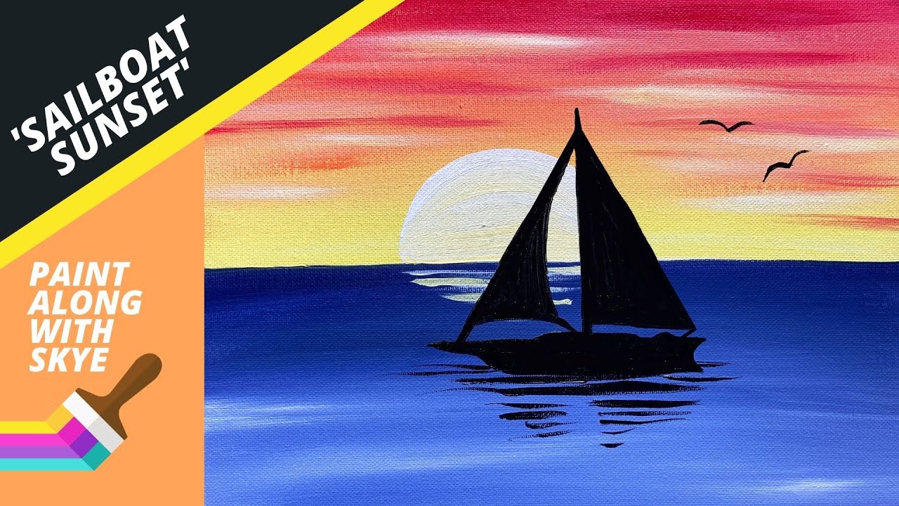 ⛵️EP30- «Парусник на закате» — простой силуэт парусника — урок по рисованию акрилом для начинающих