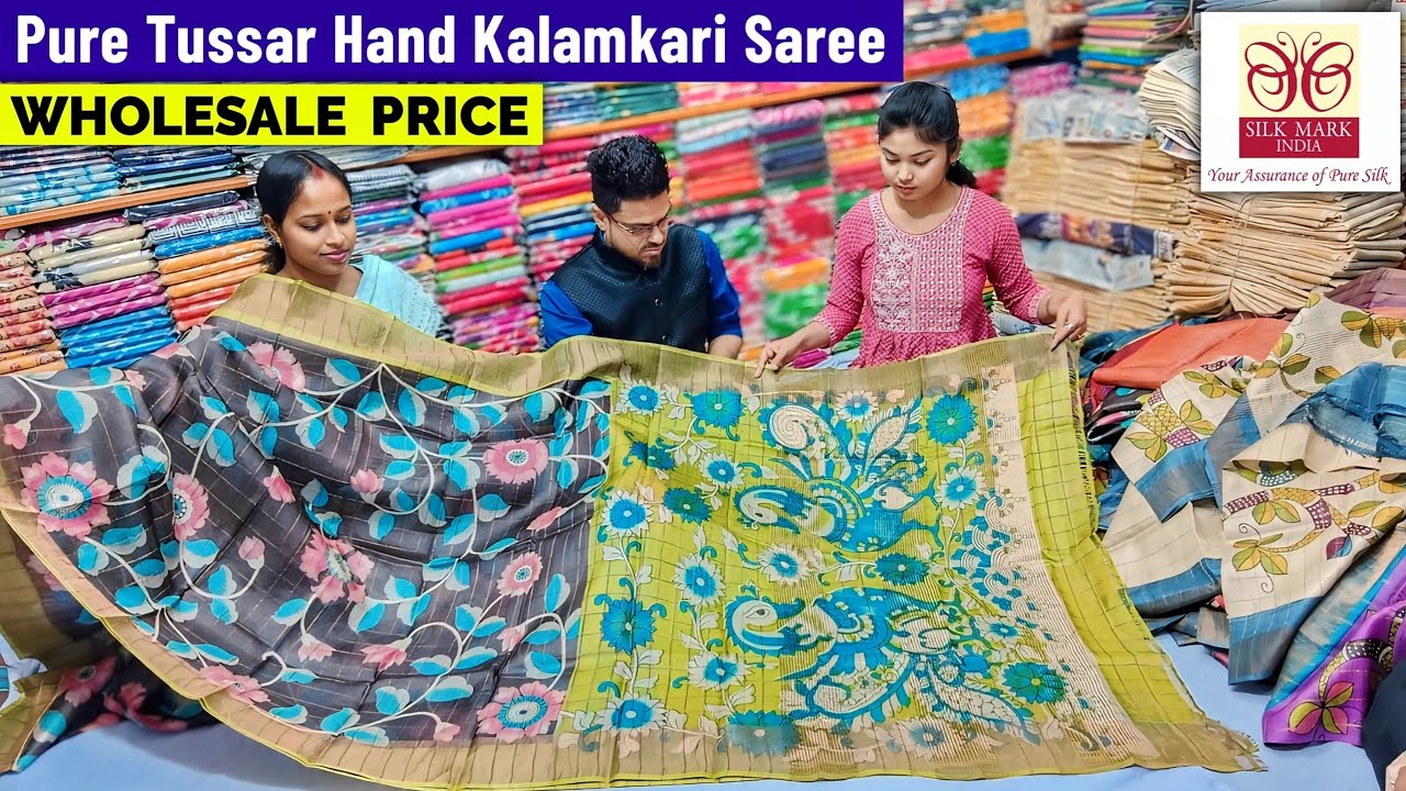 Pure Tussar Hand Kalamkari Saree / Block Print & Hand Paint Silk Saree / Tussar Saree Manufacturer 🔥