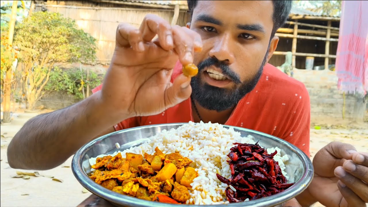 Eating Rice With egg soybean curry and beetroot fry || village food eating 