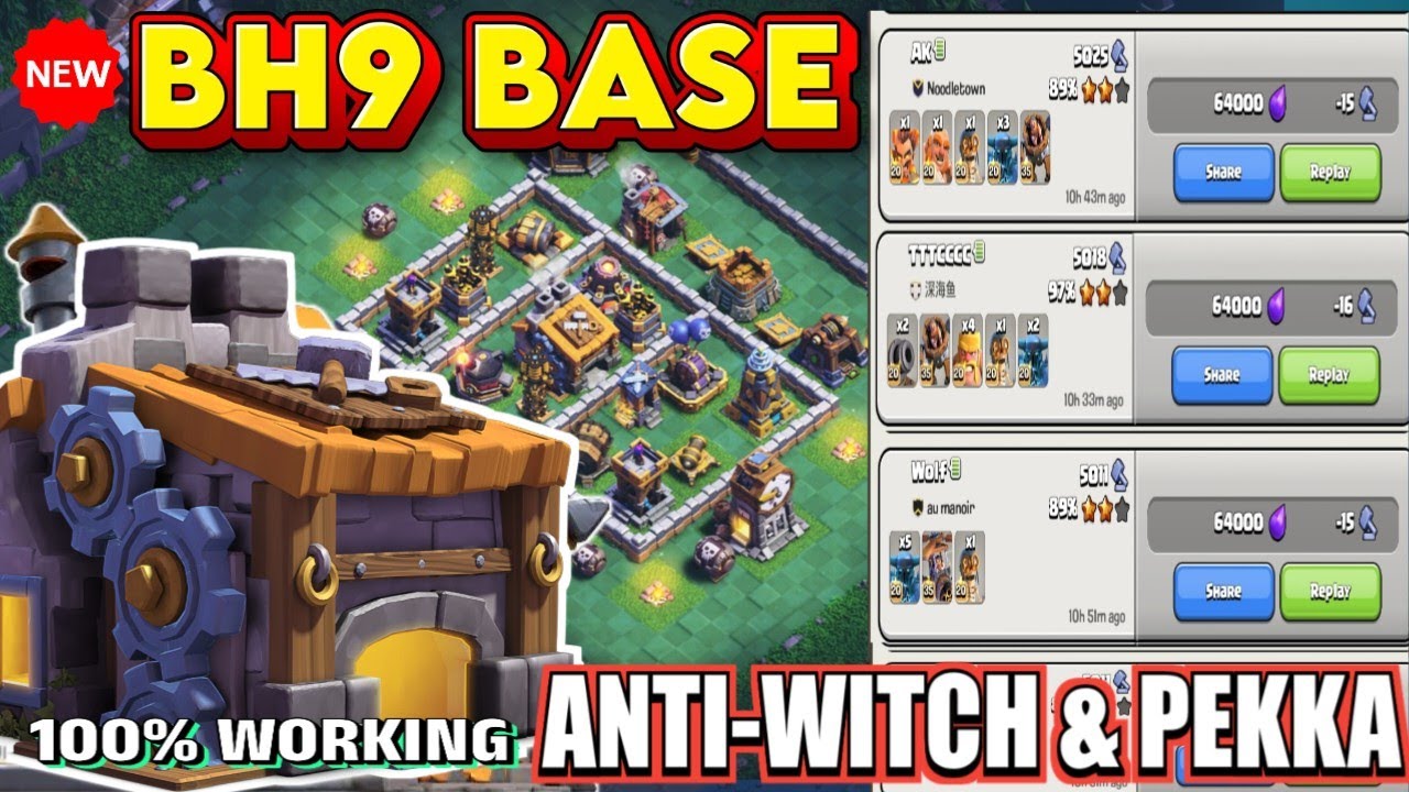 TOP-10 BUILDER HALL 9 BASE WITH LINK+REPLAY || BH9 ANTI-WITCH AND PEKKA || BH9 BASE 2025