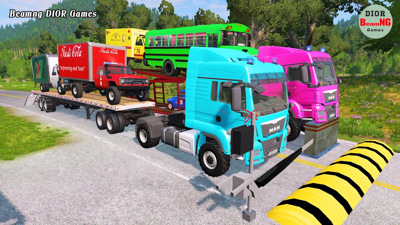 Double Flatbed Trailer Truck vs speed bumps|Busses vs speed bumps|Beamng Drive|1185