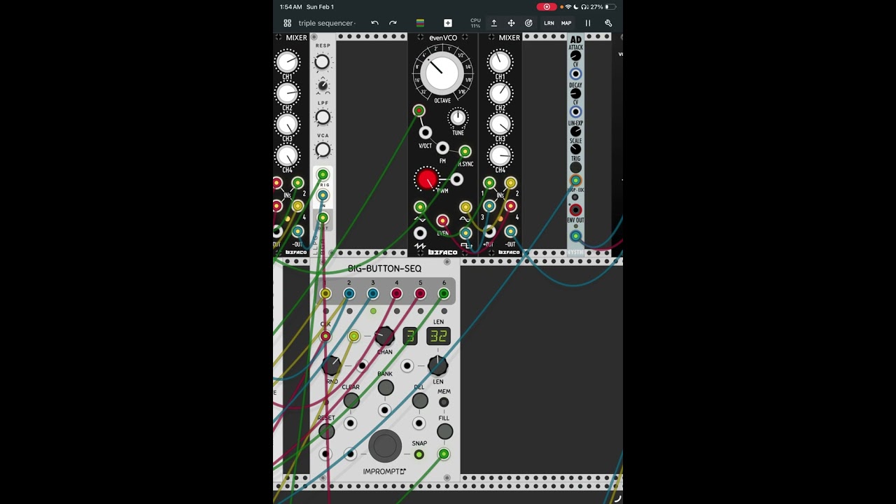 Triple decker Sequencer patch using VCV Rack MiRack for iOS modular synth 