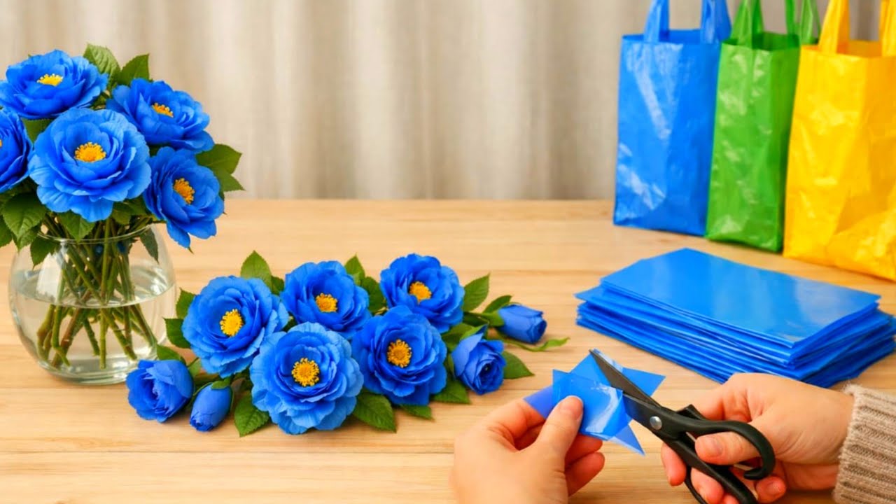 how to make flower from shopping bag / Easy Plastic bag flower tutorial 
