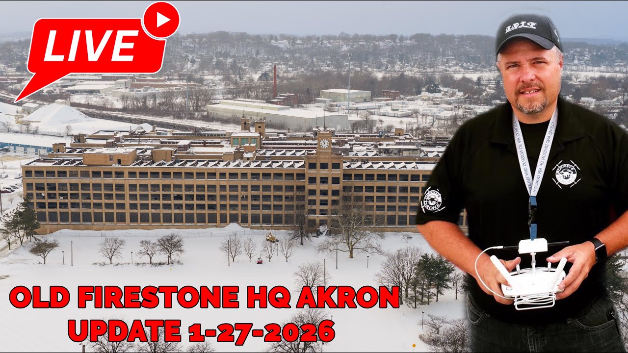 Firestone Old HQ, Akron Ohio snow  drone flight 1-27-2026