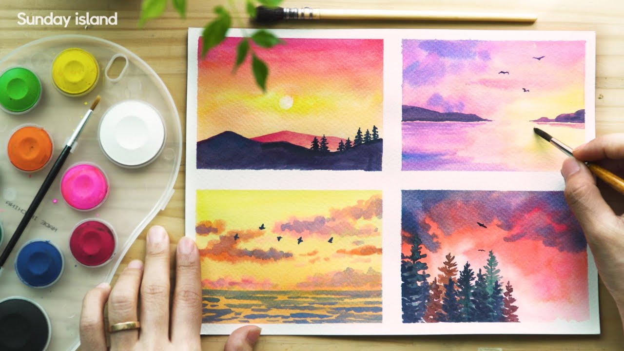 [수채화기초] tutorial_22 다이소물감으로 4가지 노을풍경 그리기 (watercolor for beginners)