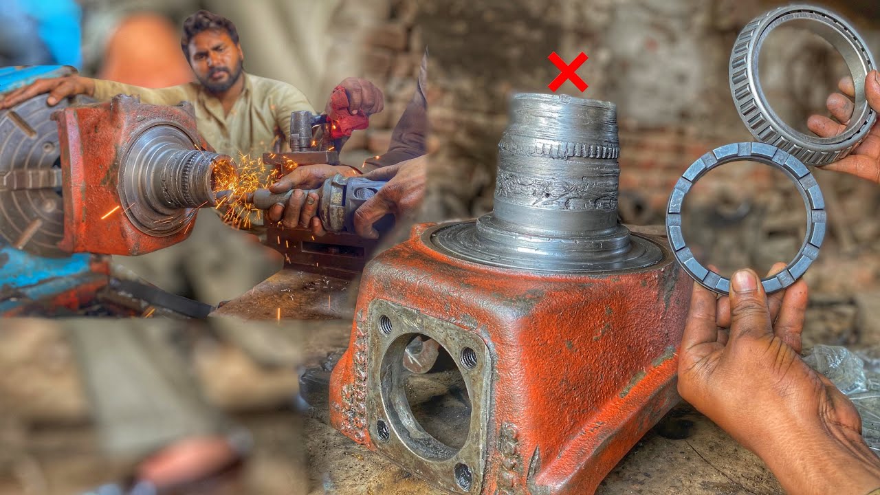 The repaired excavator spindle damage threads we cutting new threads on lathe machine