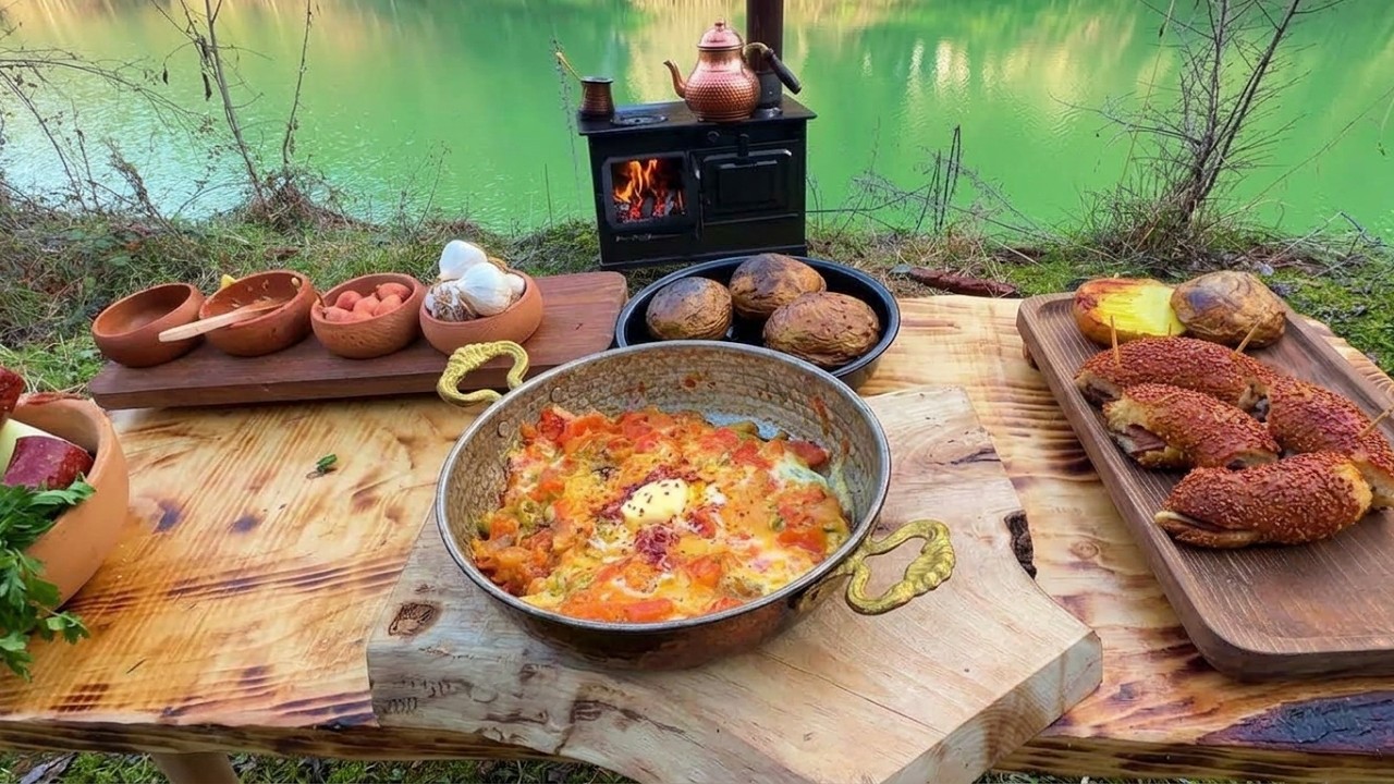 Lakeside Camp Cooking | Menemen by the Lake, Sausage Sandwich & Butter Potatoes